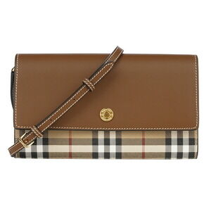 Burberry Check Leather Long Wallet Brown Beige